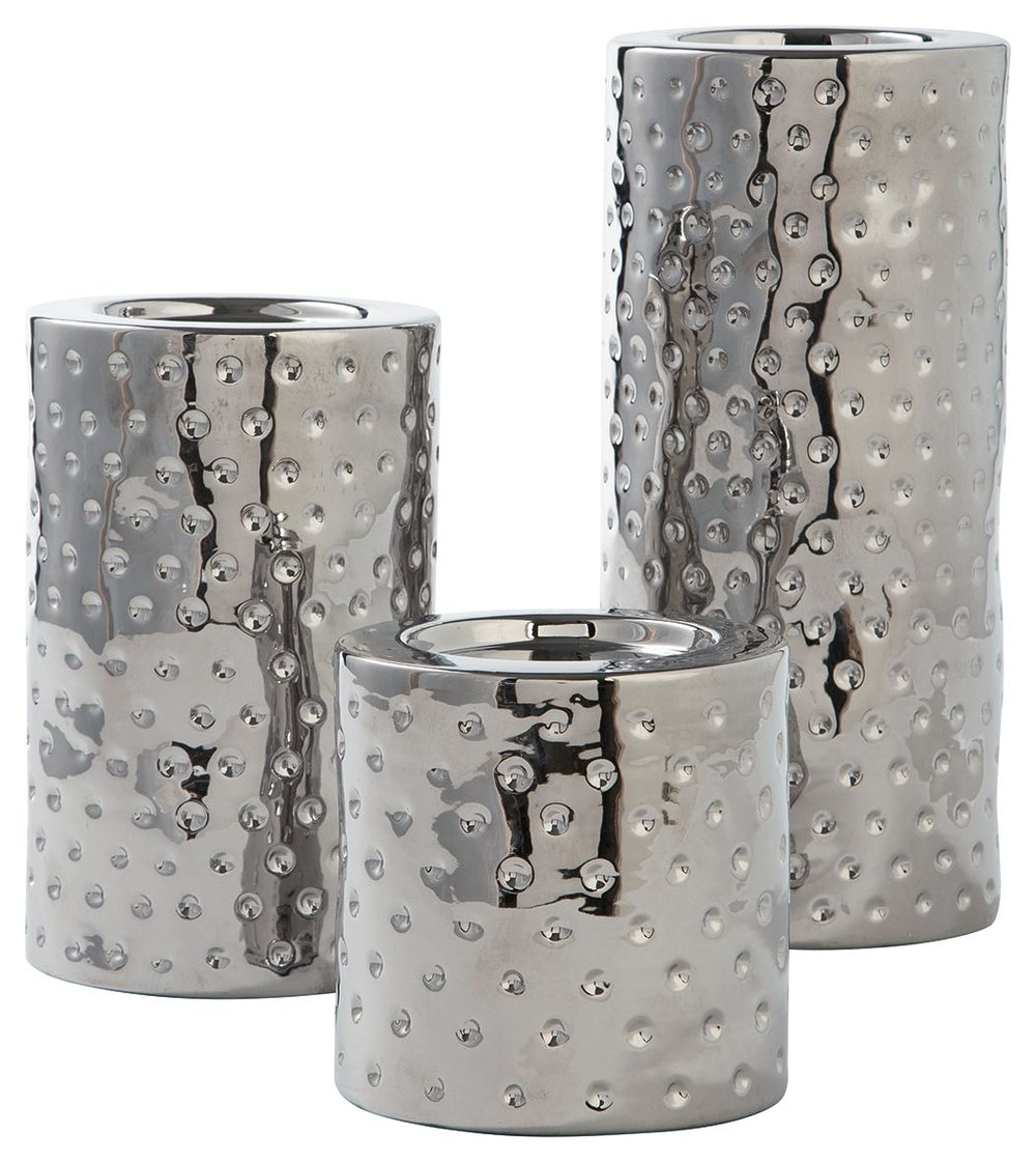 Take a stance for shapely style. Crafted of a glazed ceramic, this candle holder set shine with simply striking design and contemporary flair.<br><br><b>Additional Dimensions</b><br><ul><li>Candle holder-small: 0-"</li><li>Candle holder-medium: 0-"</li><l