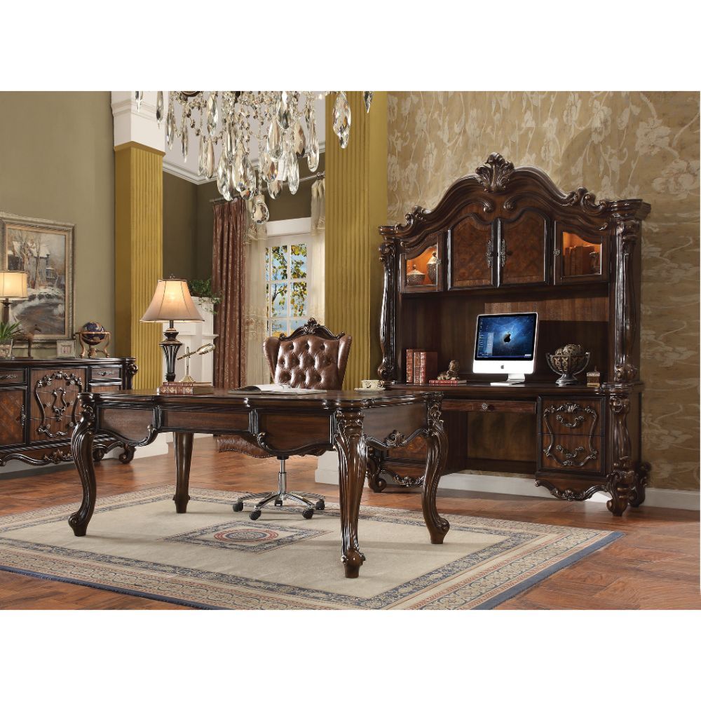 The Versailles office set was inspired by old European design. This collection features carved scrollwork accent with antique hand-brushed finish. The accent pieces crafted in wood with cherry oak finish and also included regal features such as ample stor