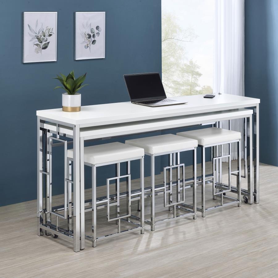 We love this modern five-piece counter height dining set in place of a console behind a floating sofa, offering exceptional versatility and refined style in any setting. It boasts two nesting tables, each long and narrow like a sofa table, but paired with