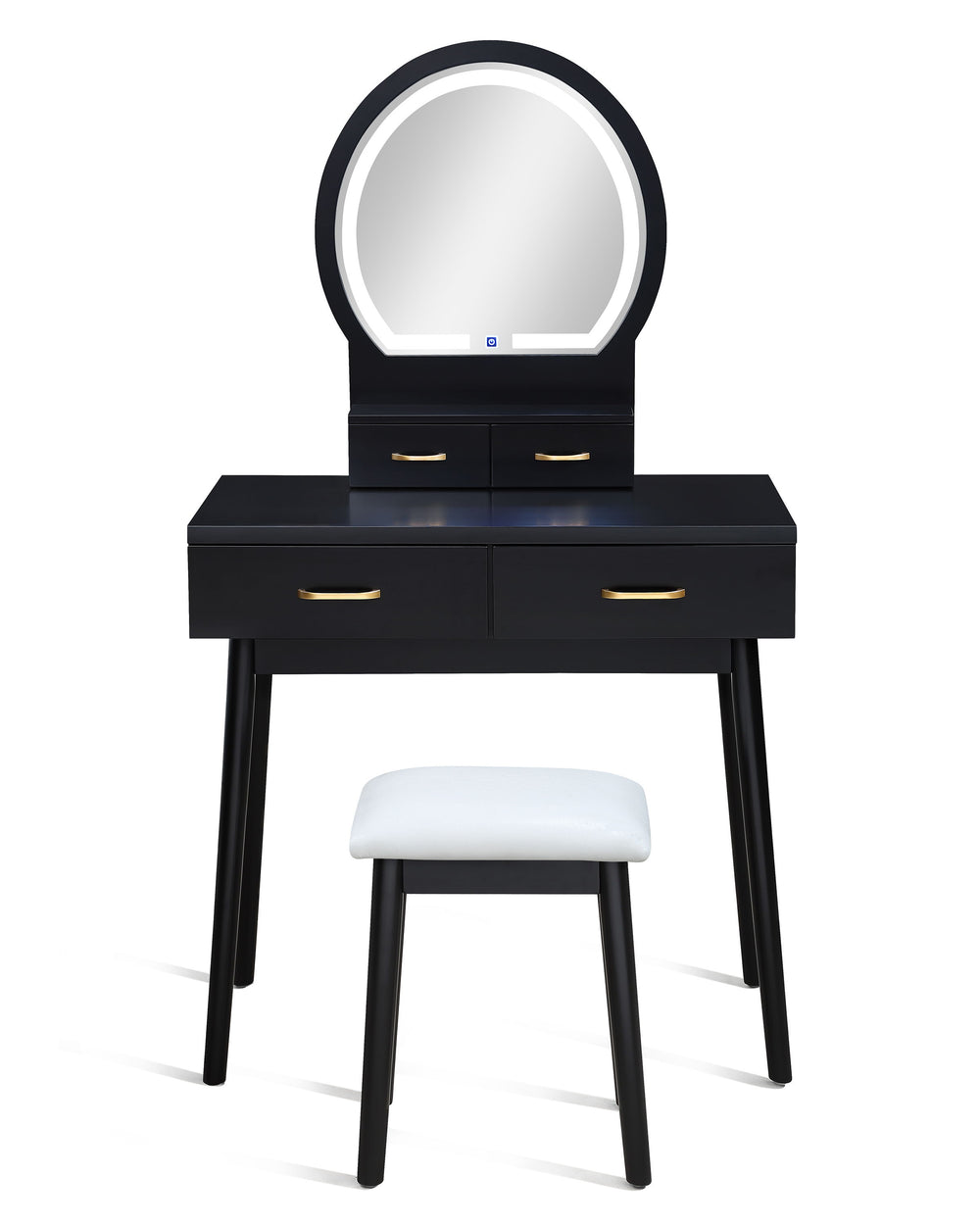 Create a chic and functional centerpiece for your bedroom or dressing area with this elegant vanity set. The sleek, black finish exudes modern sophistication, while the gold-accented handles add a touch of luxury. The built-in LED-lit mirror provides opti