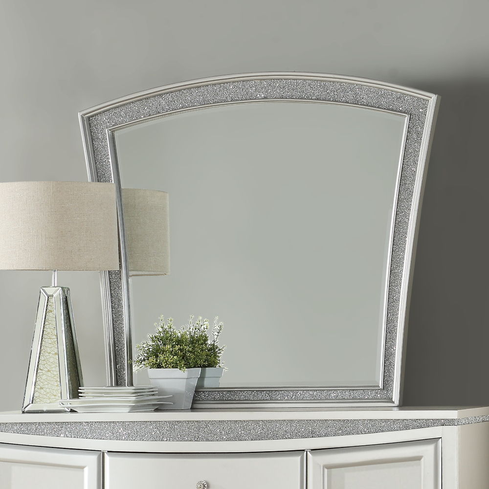 Mirror with Beveled Edge () Wooden Frame w/Sparkling Rhinestones Inlay Shape: Curved Orientation: Portrait (Vertical)<br/><br/><b>Product Features</b><ul><li>Case: 1Pc/1Ctn</li><li>Finish: Platinum</li><li>Style: Glam</li><li>Materials: Wood, Sparkling Rh