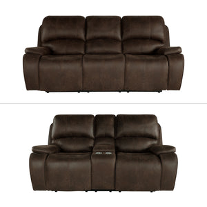 Experience unmatched comfort and style with the Brookings Reclining Sofa & Console Loveseat with Power Headrest & Footrest in rustic brown. Upholstered in a luxurious leather-look polyester/pu fabric, this set offers the sophistication of real leather wit