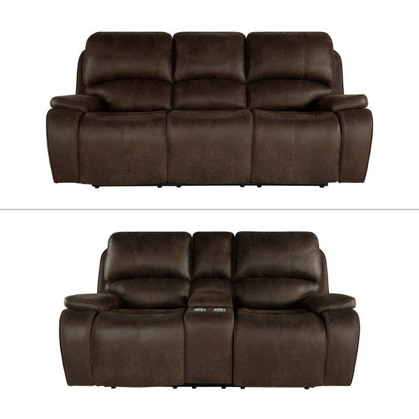 Experience unmatched comfort and style with the Brookings Reclining Sofa & Console Loveseat with Power Headrest & Footrest in rustic brown. Upholstered in a luxurious leather-look polyester/pu fabric, this set offers the sophistication of real leather wit