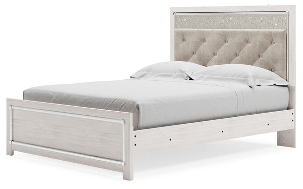  this queen upholstered panel bed is a beautiful blend of comfort and luxury. Shiny chrome-tone accents