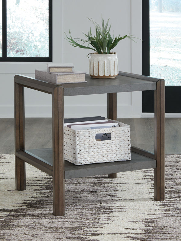 its faux cement lends an industrial edge to the contrasting dark brown finish. For a functional touch
