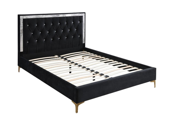 Upgrade your entire bedroom space with this modern and sophisticated masterpiece. It features a upholstered headboard with crystal-like button tufted details that add a modern glamour to this piece. Faux marble printed trim accent surrounding the headboar