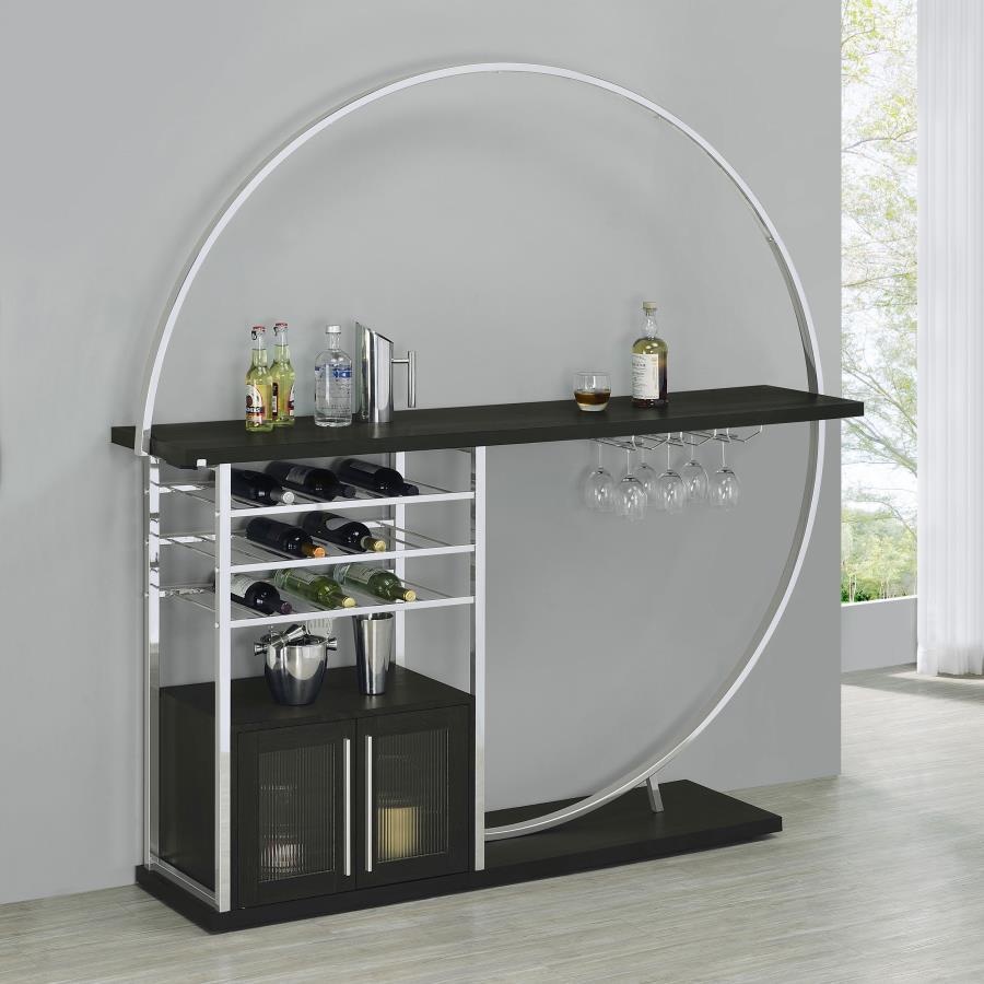 Transform your space into a beacon of style with this contemporary home bar that marries function with cutting-edge design. Bathed in the glow of LED lighting with a choice of eight vibrant colors, this piece becomes the centerpiece of any entertainer-'s 