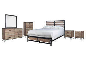 The Elk River 6-Piece Bedroom Set is the epitome of functional elegance, designed for those who cherish a robust, industrial look with modern flair. This comprehensive set includes a bed, a dresser, a mirror, 2 nightstands, and a chest, all in a rich rust