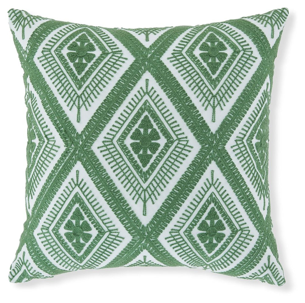 Add a splash of vibrant color and radiant style to your furnishings with this accent pillow. Its diamond design in green and white adds an eye-catching scheme to indoor/outdoor benches, chairs and sofas.<br/><br/><b>Product Features</b><ul><li>Olefin cove
