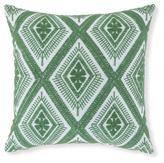 Add a splash of vibrant color and radiant style to your furnishings with this accent pillow. Its diamond design in green and white adds an eye-catching scheme to indoor/outdoor benches, chairs and sofas.<br/><br/><b>Product Features</b><ul><li>Olefin cove