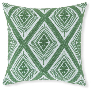 Add a splash of vibrant color and radiant style to your furnishings with this accent pillow. Its diamond design in green and white adds an eye-catching scheme to indoor/outdoor benches, chairs and sofas.<br/><br/><b>Product Features</b><ul><li>Olefin cove