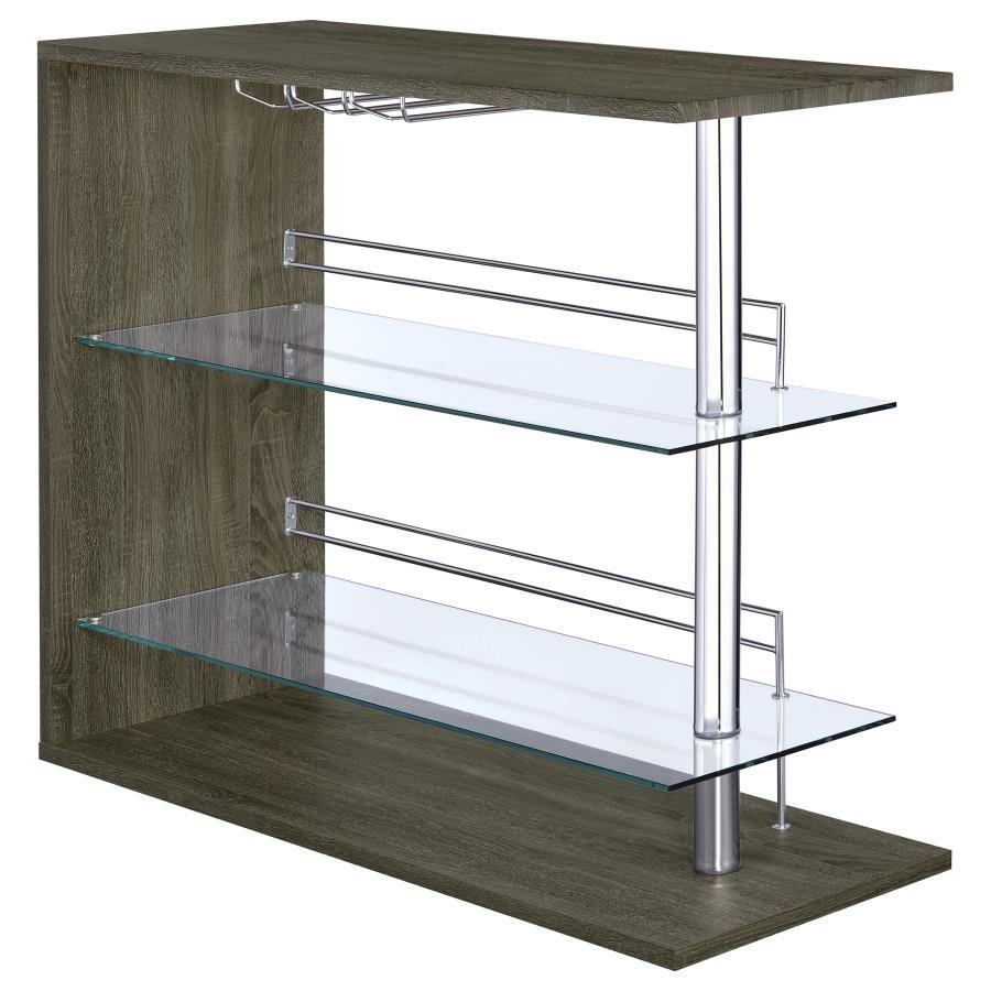 Take home entertainment to the next level with the versatile beauty of this lovely metal bar unit. With class, grace, and exquisite taste, it lends effortless glamour to a living or dining area. Equipped with a handy stemware rack and two tempered glass s