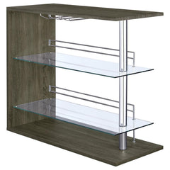 Take home entertainment to the next level with the versatile beauty of this lovely metal bar unit. With class, grace, and exquisite taste, it lends effortless glamour to a living or dining area. Equipped with a handy stemware rack and two tempered glass s