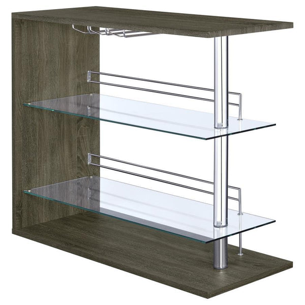 Take home entertainment to the next level with the versatile beauty of this lovely metal bar unit. With class, grace, and exquisite taste, it lends effortless glamour to a living or dining area. Equipped with a handy stemware rack and two tempered glass s