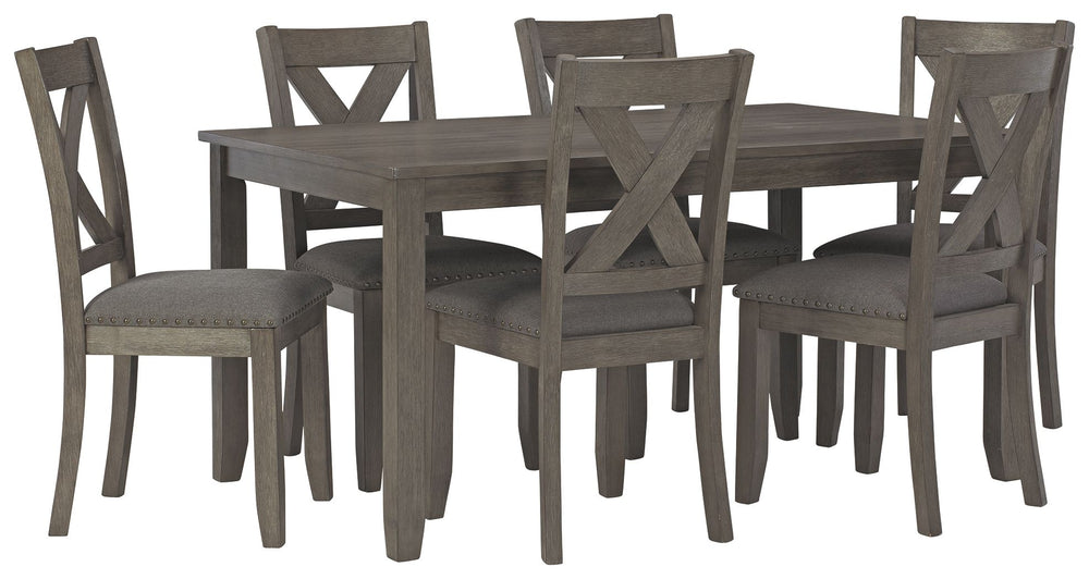 Perfect portion. Striking a simply chic pose, this dining set is styled with fascinating flair. Subtle gray wash finish gives the clean-lined design a casually cool sensibility, while the chairâ€™s plushly cushioned seat in a soft, neutral upholstery adds