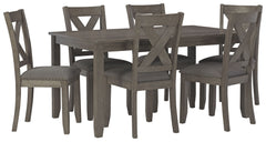 Perfect portion. Striking a simply chic pose, this dining set is styled with fascinating flair. Subtle gray wash finish gives the clean-lined design a casually cool sensibility, while the chairâ€™s plushly cushioned seat in a soft, neutral upholstery adds