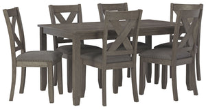 Perfect portion. Striking a simply chic pose, this dining set is styled with fascinating flair. Subtle gray wash finish gives the clean-lined design a casually cool sensibility, while the chairâ€™s plushly cushioned seat in a soft, neutral upholstery adds