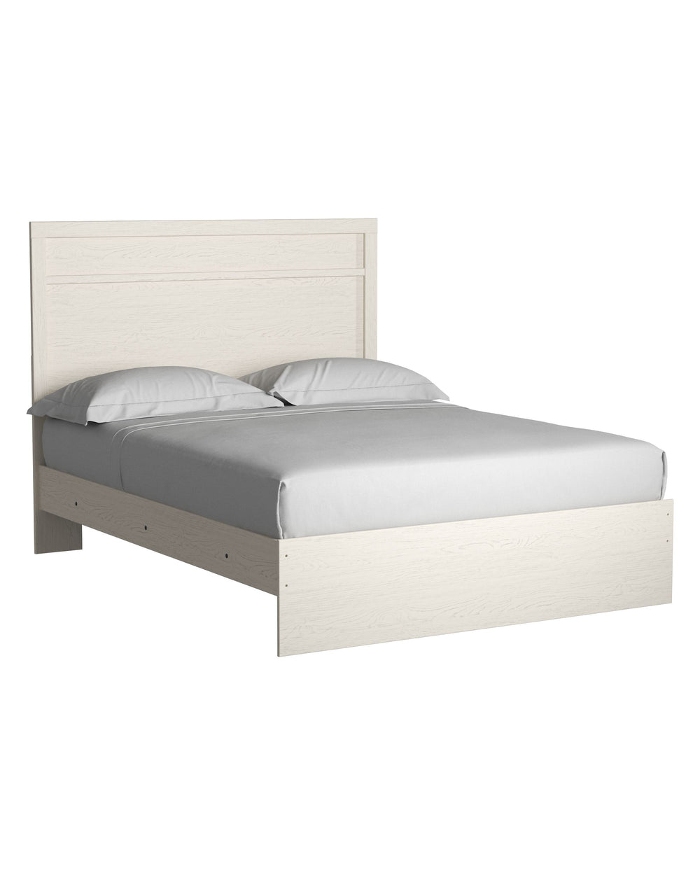 With its clean-lined look and modern attitude, this queen panel bed is a fresh style awakening. Crisp, white hue over subtle replicated wood grain easily complements other furniture finishes. Simple, unadorned profile is given depth and dimension with the