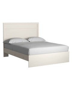 With its clean-lined look and modern attitude, this queen panel bed is a fresh style awakening. Crisp, white hue over subtle replicated wood grain easily complements other furniture finishes. Simple, unadorned profile is given depth and dimension with the