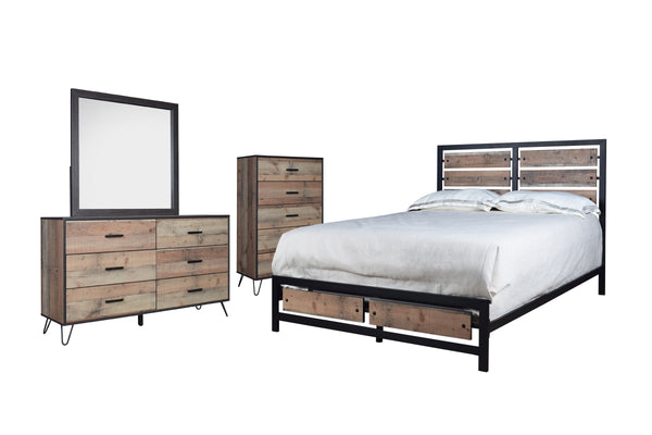 Discover the perfect blend of style and functionality with the Elk River 4-Piece Bedroom Set. This comprehensive ensemble includes a bed, a 6-drawer dresser, a strategically matched mirror, and a 5-drawer chest, all finished in a rustic brown that emphasi
