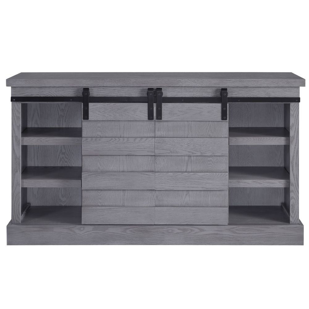 KD, Rectangular TV Stand Storage: 2 Sliding Barn Doors, Media Compartment (1 Wooden Shelf) Max. Recommended TV Size: 60-Inch Flat Panel Back Panel with Pre-Cut Holes for Cord Mgmt (x# Holes) CONSTRUCTION] Wooden Case-Frame: Veneer (Paper), MDF Top: 36mm T
