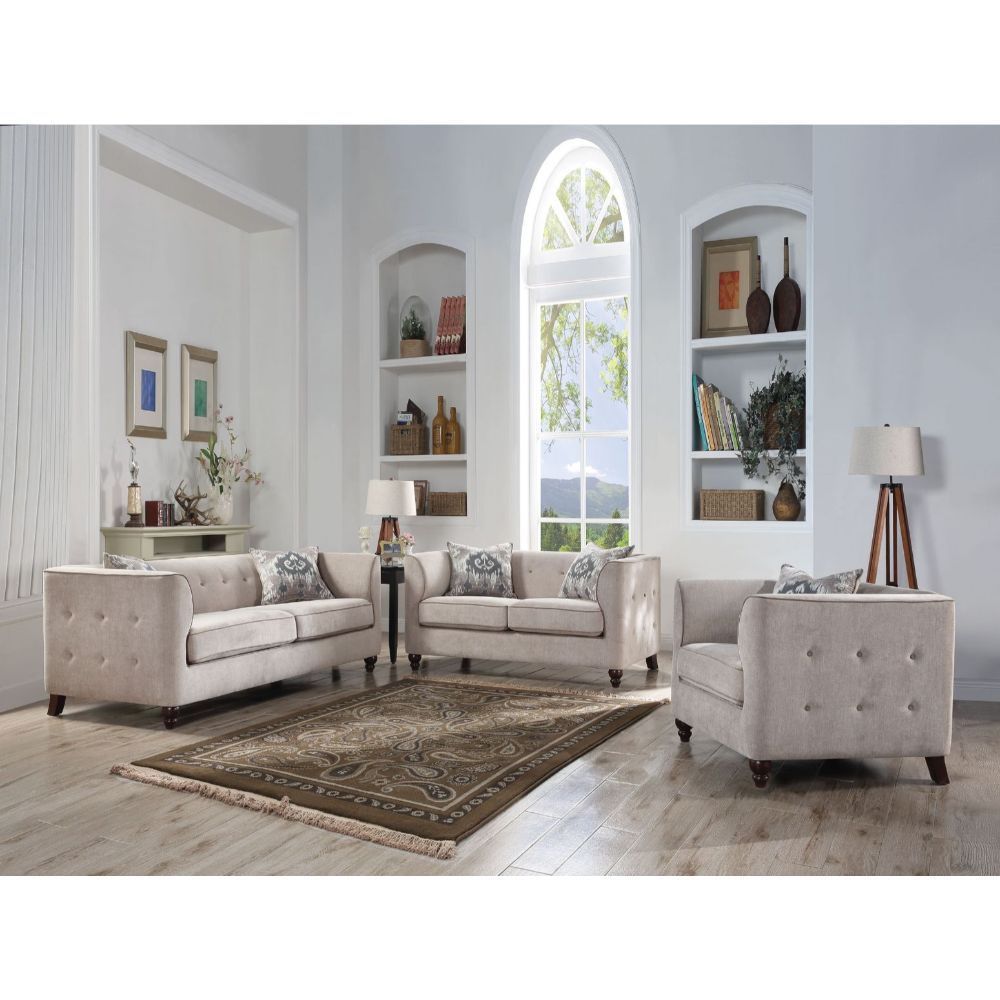 Modern fabric shades accented with tufted cushions, the eye-catching Cyndi collection will vitalize any living space. The soft armrest shelter adds traditional style while quality velvet and pocket coil supporting system deliver long-lasting durability. I