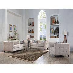 Modern fabric shades accented with tufted cushions, the eye-catching Cyndi collection will vitalize any living space. The soft armrest shelter adds traditional style while quality velvet and pocket coil supporting system deliver long-lasting durability. I