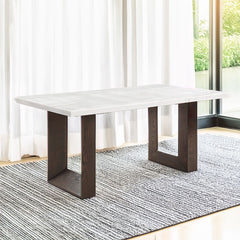 Edwyn dining set featuring a pristine white marble top and a rich brown finish, is the epitome of elegance and sophistication. Its sturdy double U-shaped base provides a modern touch, while the padded seat and back cushion chairs ensure comfort for every 