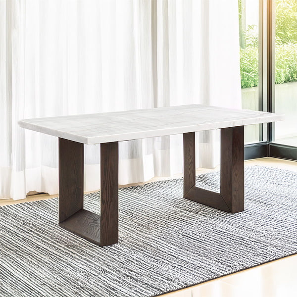 Edwyn dining set featuring a pristine white marble top and a rich brown finish, is the epitome of elegance and sophistication. Its sturdy double U-shaped base provides a modern touch, while the padded seat and back cushion chairs ensure comfort for every 