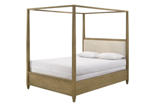 This bedroom set is a harmonious blend of rustic charm and modern simplicity, ideal for creating an inviting and warm atmosphere. The set features a stunning canopy bed as its centerpiece, which boasts a clean-lined frame and a natural wood finish that ex