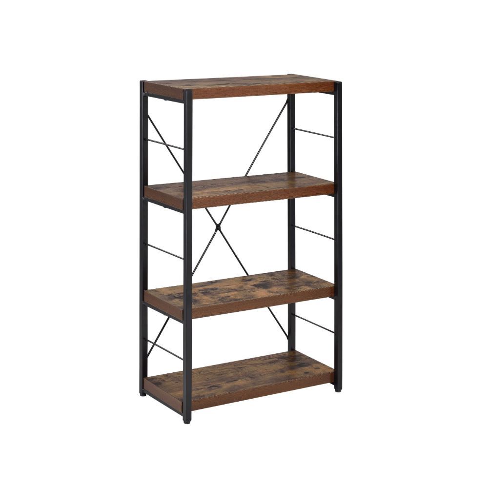 The Bob bookcase is the third additional to this office collection. It features 4 shelves on being the top and -"x-" back stretcher to tie into the look as well as create a sting sturdy book case. Like the desk, weathered oak is combined with black metal 