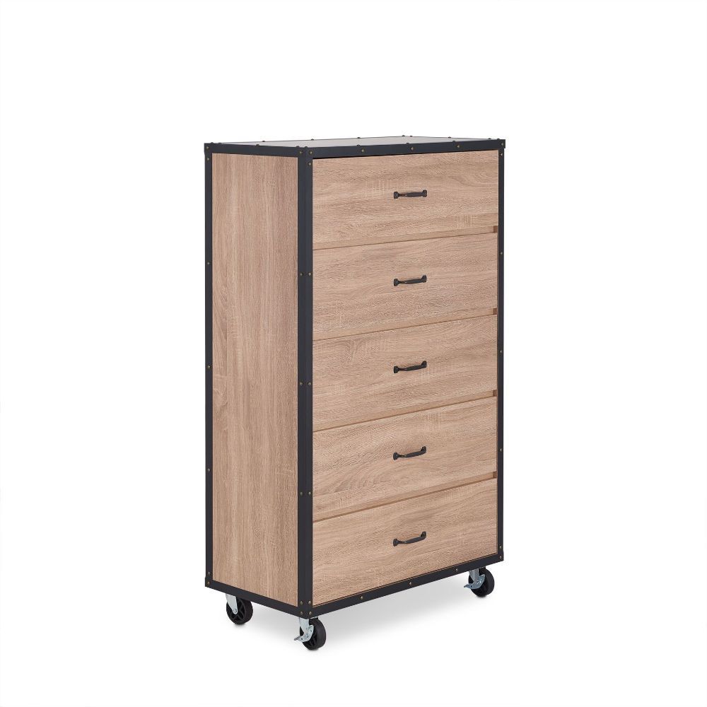 The Bemis collection offers plenty of storage function and mobility for your home. Feel good knowing you have a durable look with its all around riveted accent around light weathered oak and casters wheels for easy moving.<br/><br/><b>Product Features</b>