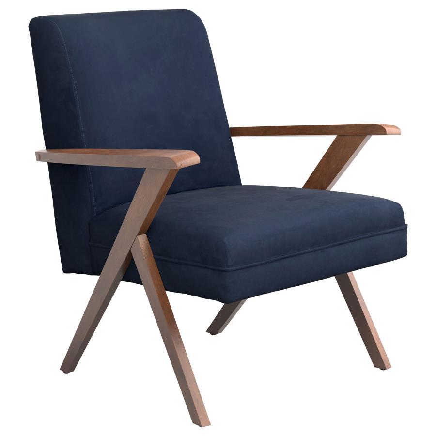 Go bold in both tones and silhouette when you add this fabric accent chair to your home. Chair is upholstered in soft dark blue fabric. Padded seat and back cushions provide hours of comfort. Rich brown armrests and legs offer warmth and support. It-'s a 