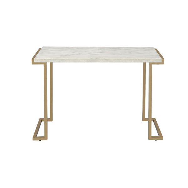  with faux marble top and champagne finish metal base. The modern lines of the base with its open return base and simple form top