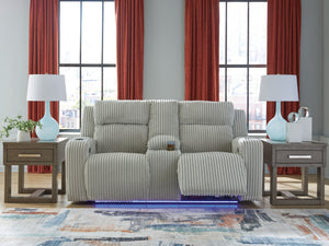  meet irresistible modern function. Your living room gets a cozy-cool upgrade with the TwinBrooke power reclining loveseat. Curl up in its ultra-chic corded upholstery and recline with one-touch controls. Is it movie night or game time? 
