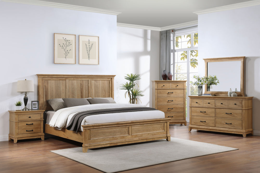 The Sunstone 5 Piece Wood Bedroom Set in Honey Brown features a Panel Bed, dresser, mirror, chest, and nightstand, all crafted with durable, quality construction using solid rubberwood, manufactured woods, and hickory wood veneers. This collection showcas