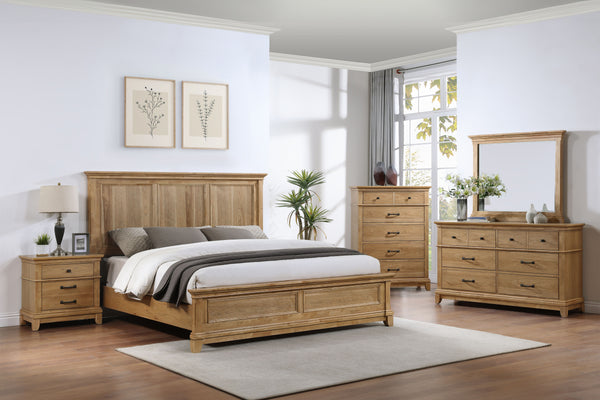 The Sunstone 5 Piece Wood Bedroom Set in Honey Brown features a Panel Bed, dresser, mirror, chest, and nightstand, all crafted with durable, quality construction using solid rubberwood, manufactured woods, and hickory wood veneers. This collection showcas