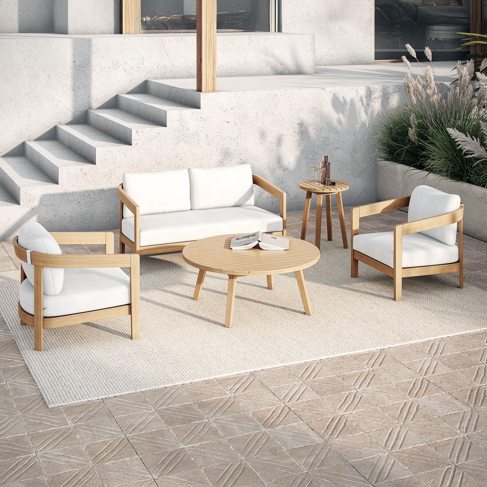 The Wesley 5-Piece Wood Patio Set offers the perfect blend of durability, comfort, and modern elegance for outdoor living. This set includes a cozy loveseat, two inviting club chairs with plush white cushions, a stylish coffee table, and a practical end t
