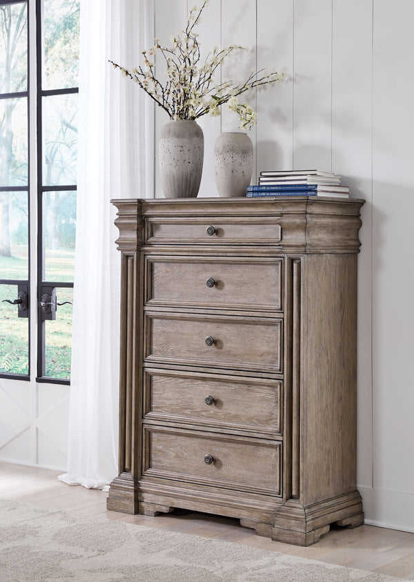  embodied by classic-inspired columns and a relaxed grayish brown finish. Casually cool drawers with inset framed fronts are packed 