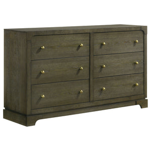 Add a touch of elegance to your bedroom with this spacious dresser, featuring a transitional design with rounded corners and trending details. The dark cocoa finish and brass knobs complement the sophisticated style, while the solid wood drawer box with E