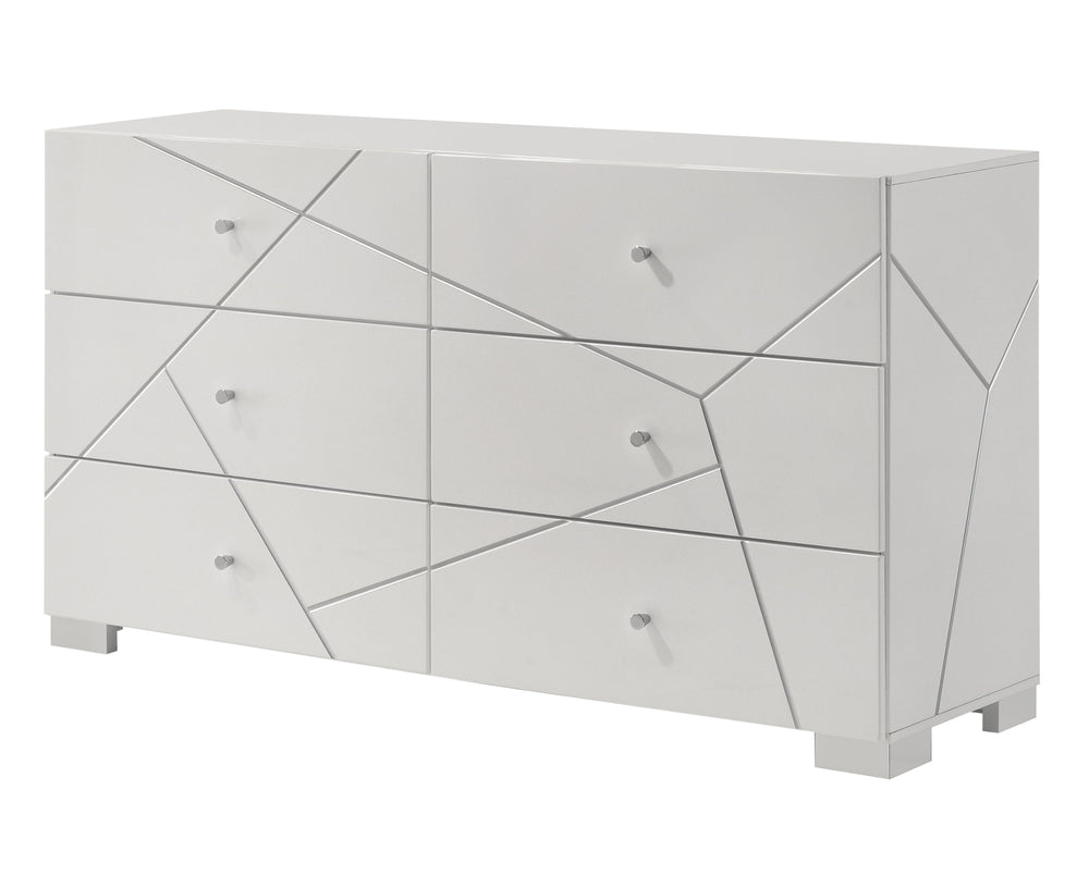 Transform your bedroom into a contemporary sanctuary with this sophisticated and stylish furniture ensemble. Defined by its bold geometric accents and pristine high-gloss white finish, this collection exudes modern elegance while maintaining a clean, mini