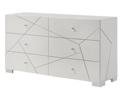Transform your bedroom into a contemporary sanctuary with this sophisticated and stylish furniture ensemble. Defined by its bold geometric accents and pristine high-gloss white finish, this collection exudes modern elegance while maintaining a clean, mini