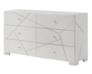 Transform your bedroom into a contemporary sanctuary with this sophisticated and stylish furniture ensemble. Defined by its bold geometric accents and pristine high-gloss white finish, this collection exudes modern elegance while maintaining a clean, mini