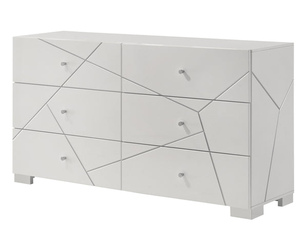 Transform your bedroom into a contemporary sanctuary with this sophisticated and stylish furniture ensemble. Defined by its bold geometric accents and pristine high-gloss white finish, this collection exudes modern elegance while maintaining a clean, mini