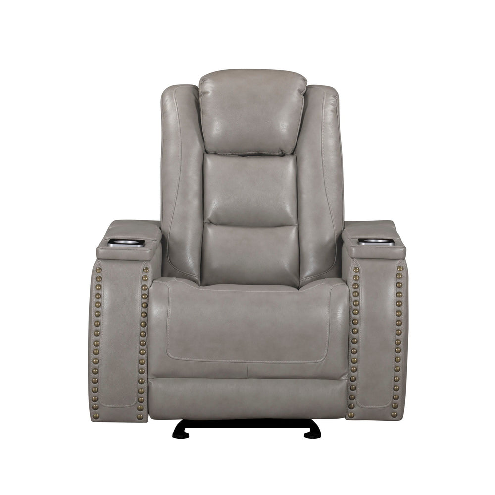The Breckenridge Genuine Leather Power Glider Recliner with Adjustable Headrest in Gray offers a perfect blend of comfort, style, and practicality for any living space. This recliner is crafted with a combination of hardwood and manufactured woods, ensuri