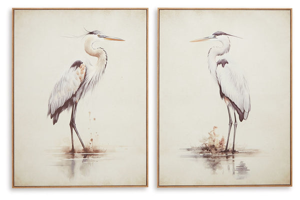 This captivating wall art set depicts majestic herons gracefully surveying their surroundings. A subtle off-white background and neutral shades suit a variety of spaces, from casual to coastal.<br/><br/><b>Product Features</b><ul><li>Set of 2</li><li>Fram