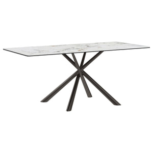 Gorgeous sintered stone brings depth and dimensionality to a modern rectangular dining table. A true centerpiece in your kitchen or dining room, it boasts an enchanting white mirage finish on its table top, offering multi-tonal allure with a hint of glam.