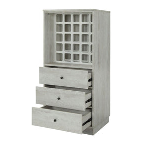  one with wine storage and three bottom drawers and the other with a wood pull-door on the to