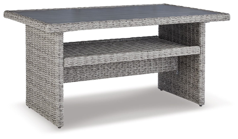 Indulge in backyard bliss. This outdoor multi-use table has a straightforward sense of style with its light gray resin wicker. The table-'s rust-proof aluminum is enhanced with a wood-look finish, weathering the elements and keeping your aesthetic casuall