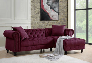 Create a chic living room with the Adnelis sectional sofa. It is beautifully upholstered in lustrous velvet. It is designed with spectacular attention to fine details such as button tufting and nail-head trim accents. The rolled armrests add a regal touch